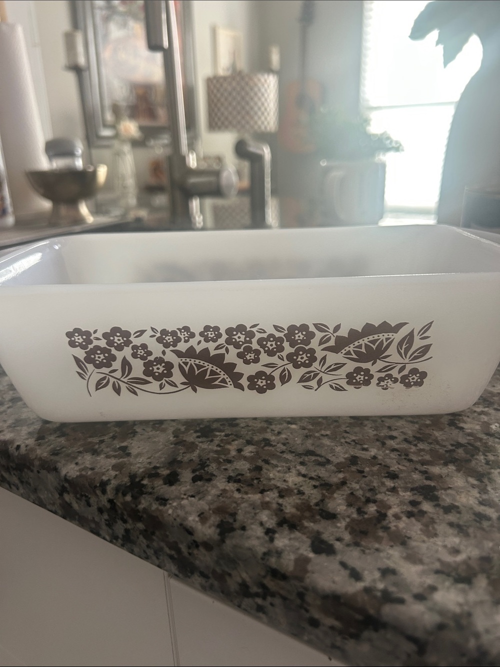 Glasbake White Ceramic-Style Baking Dish with Floral Pattern